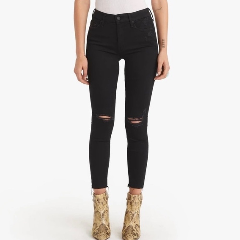 MOTHER The Looker Ankle Fray Skinny Jeans Black Distressed Sz 25